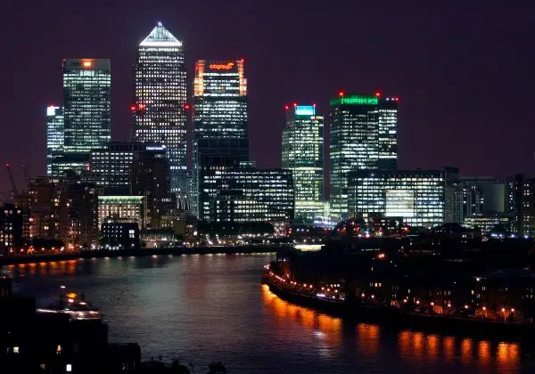 Canary Wharf at night from Shadwell