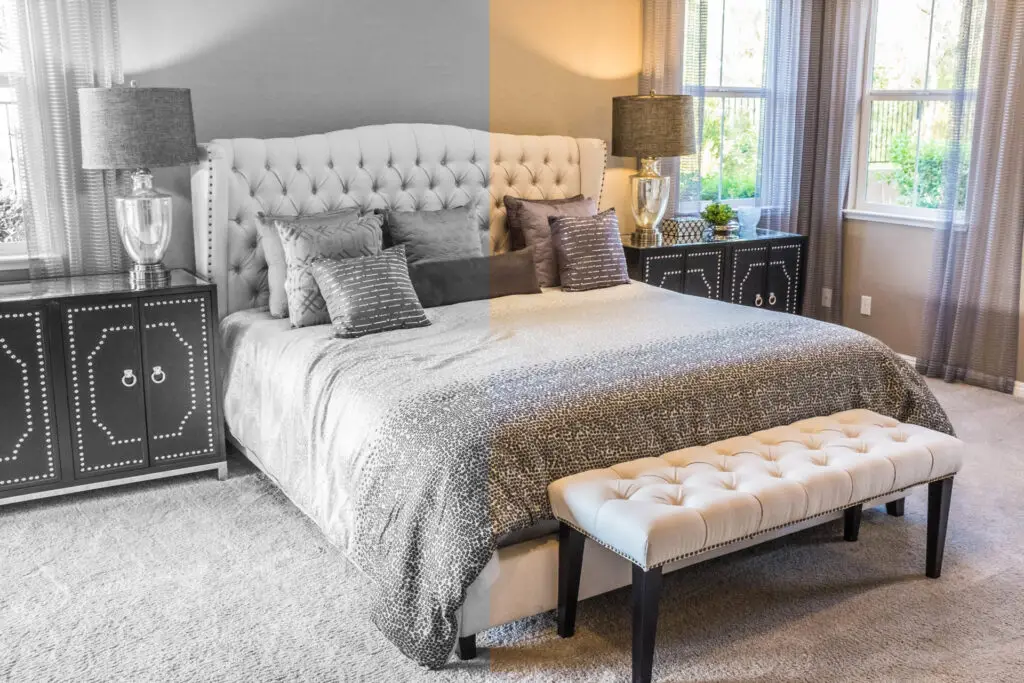 Bed suite. Half of the image is in colour and half in greyscale