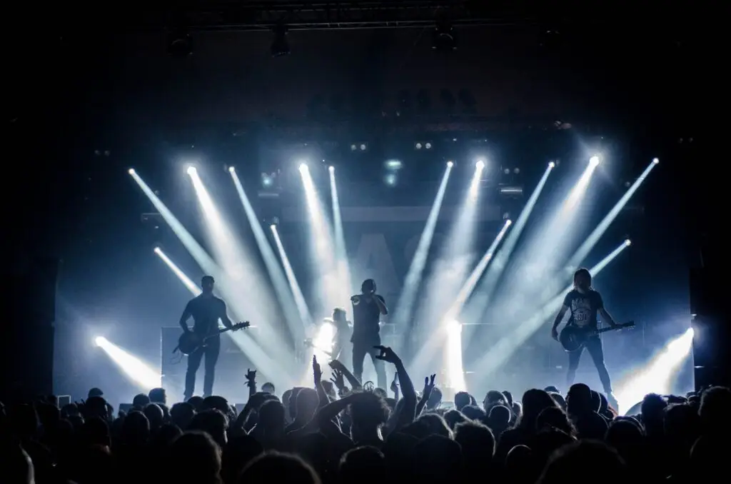Heavy metal band performing on stage to a live audience