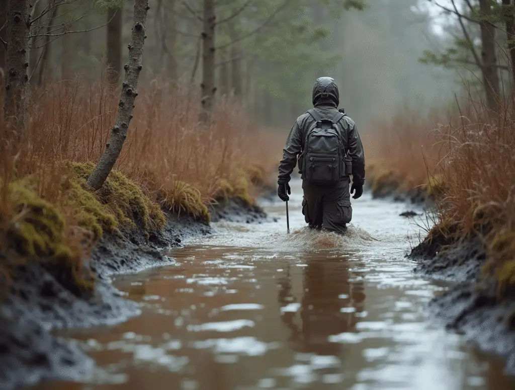 person walking away knee deep in water